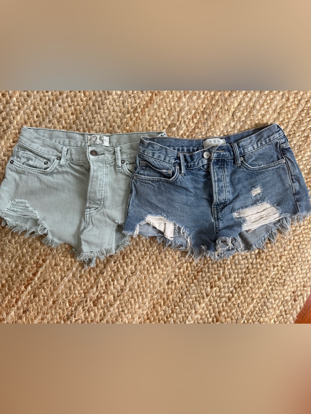 Low rise Distressed Denim Shorts - Light army green & Blue denim